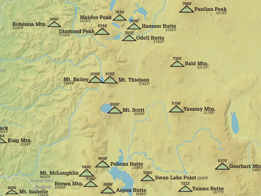 Oregon 2000' Prominence Peaks Map Poster - natural earth