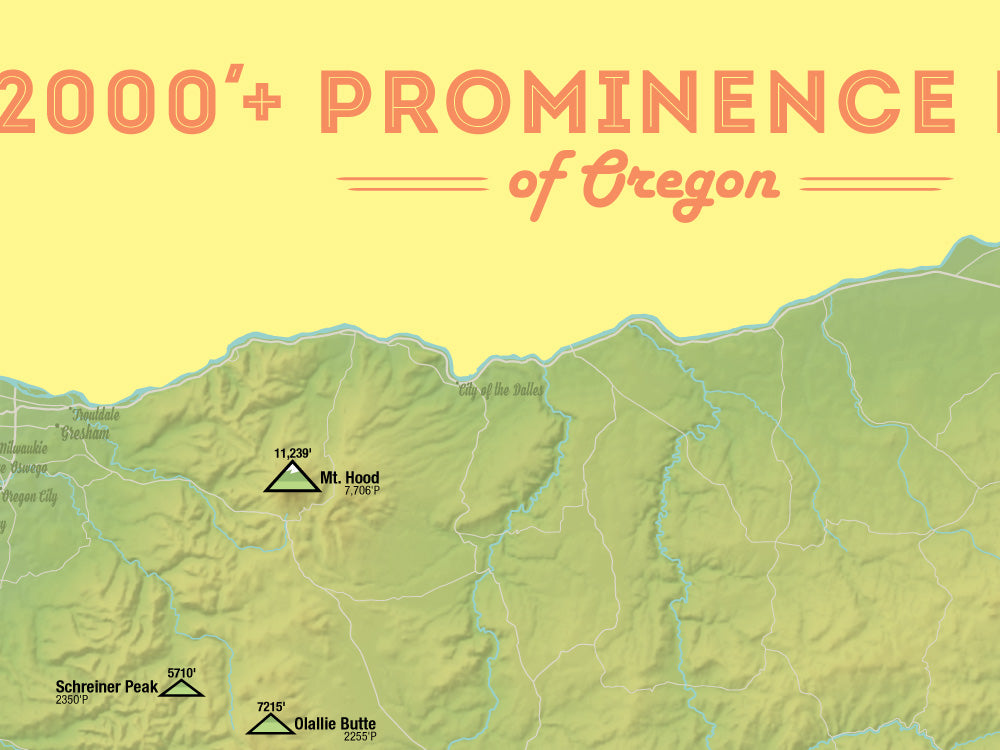 Oregon 2000' Prominence Peaks Map Poster - green & yellow