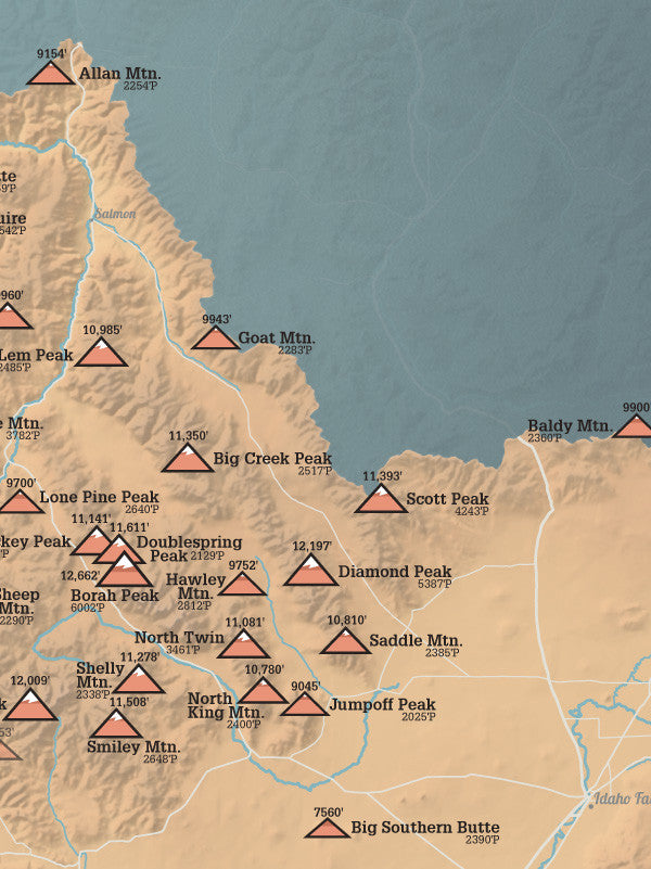 Idaho 2000' Prominence Peaks Map Poster - natural earth