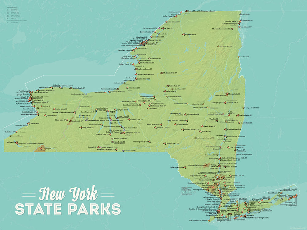 New York State Parks Map Poster - green & aqua
