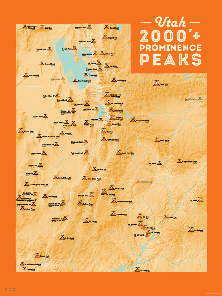 Utah 2000' Prominence Peaks Map Poster - cream & orange