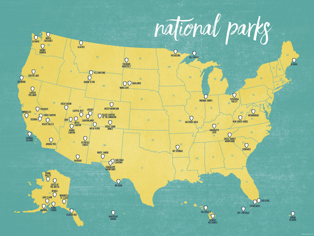 US National Parks Map Poster - Yellow & Teal