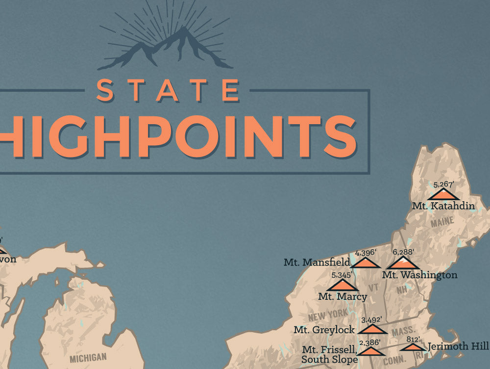 State High Points Highpoints Map Poster - tan & slate blue