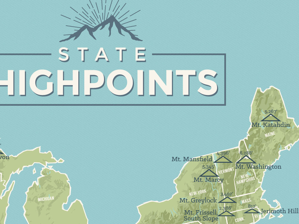 State High Points Highpoints Map Poster - sage & aqua