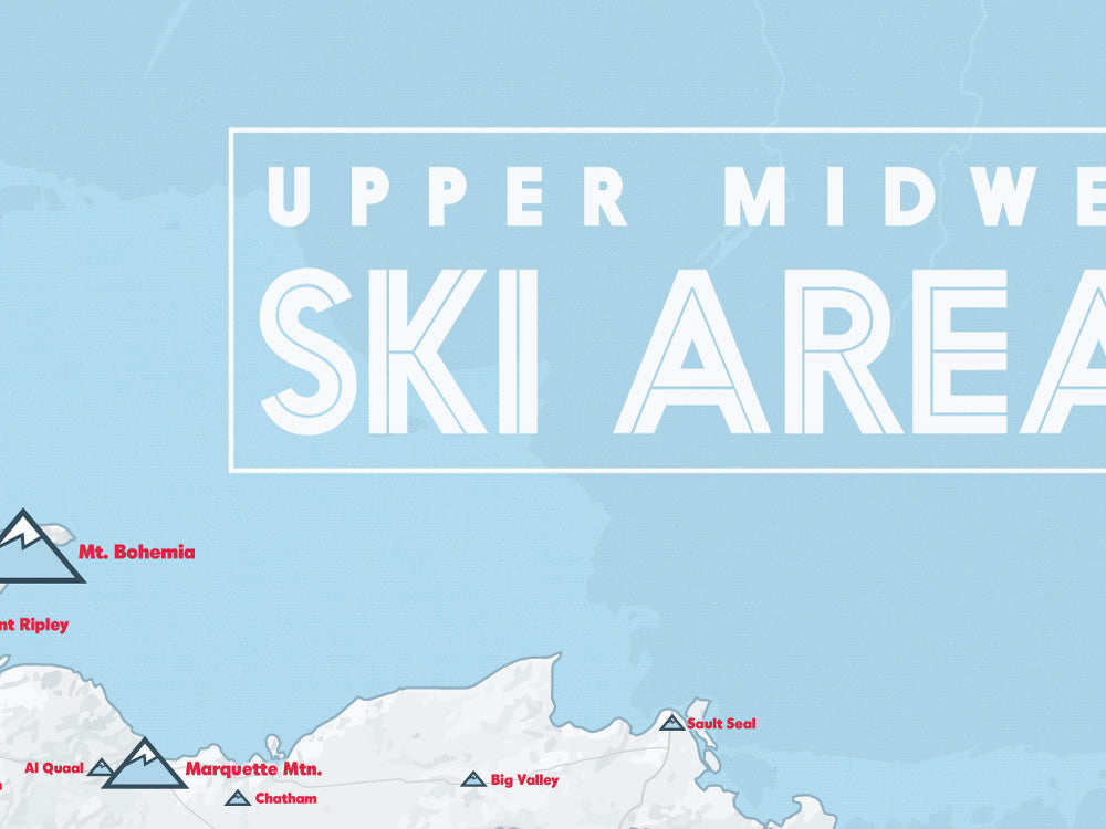 Upper Midwest Ski Areas Resorts Map Poster - white & light blue