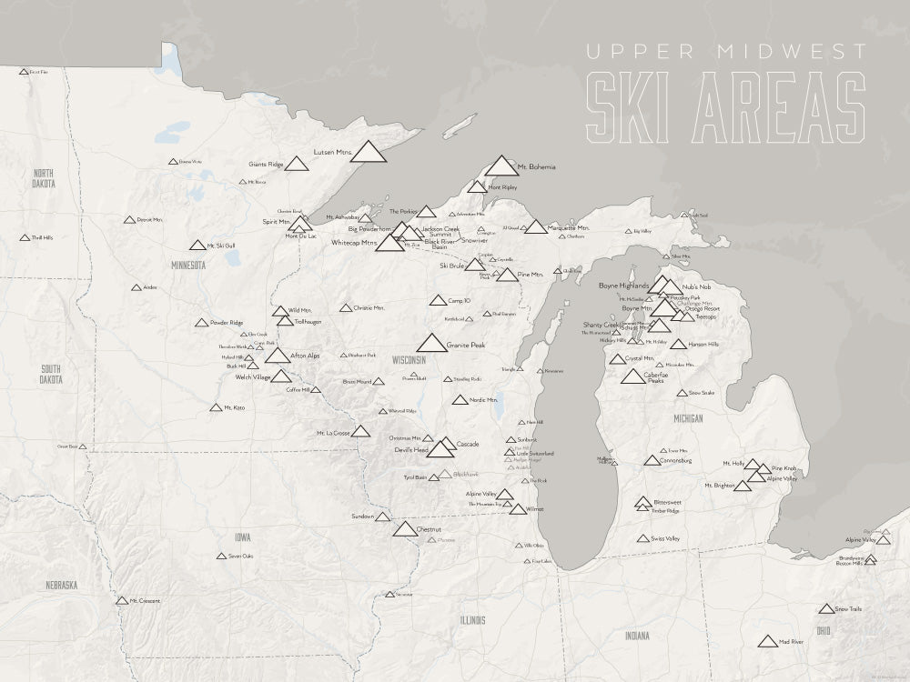 Upper Midwest Ski Areas Resorts Map Poster - white & gray