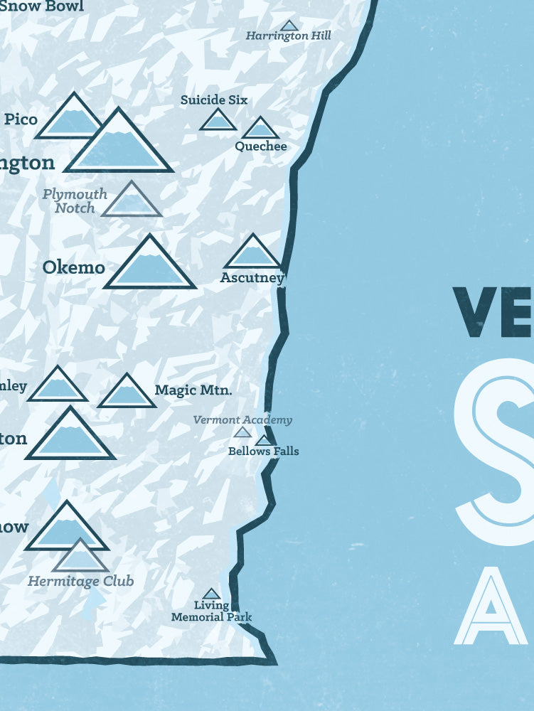 Vermont Ski Areas Resorts Map Poster - white & light blue