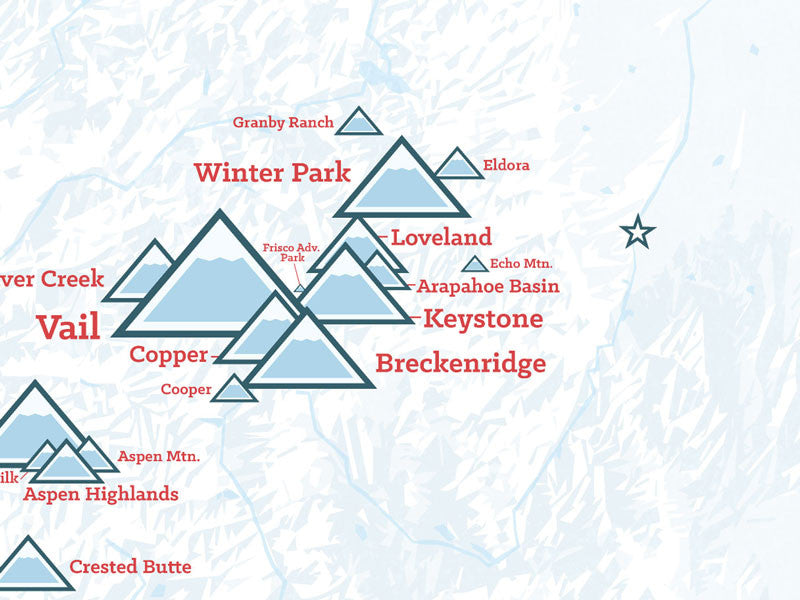 Colorado Ski Resorts Map Poster - white & light blue