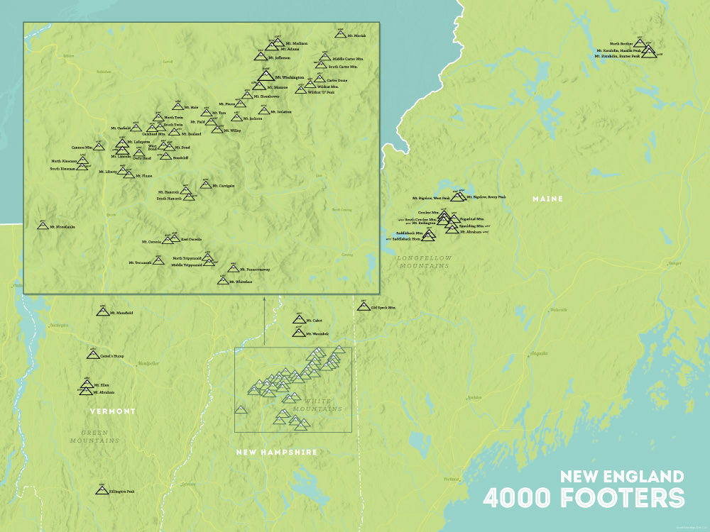 New England 4000 Footers Map Poster - green & aqua