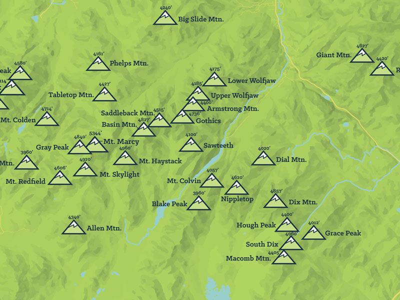 Adirondack High Peaks 46ers Map Poster - Bright Green