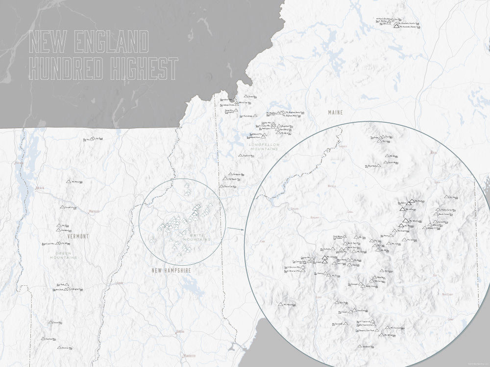 New England Hundred Highest map poster - White & Gray