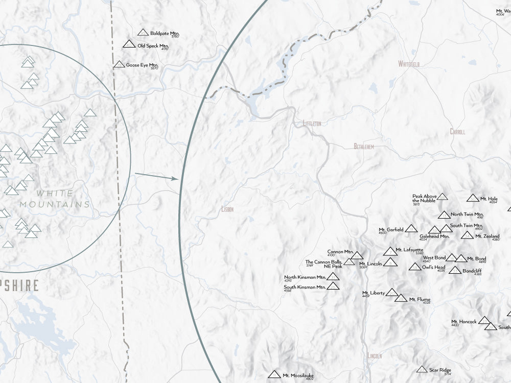 New England Hundred Highest map poster - White & Gray