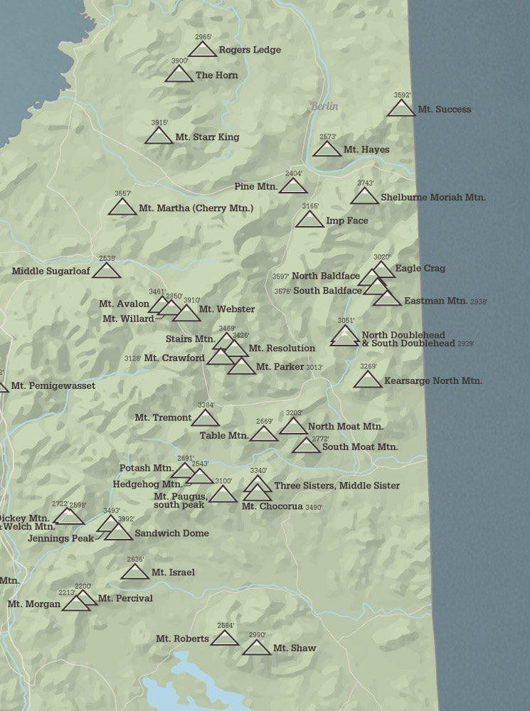 New Hampshire '52 With A View' Map Checklist Poster - sage & slate blue