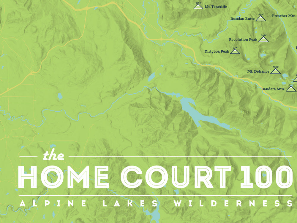 Alpine Lakes Home Court 100 Map Poster - bright green