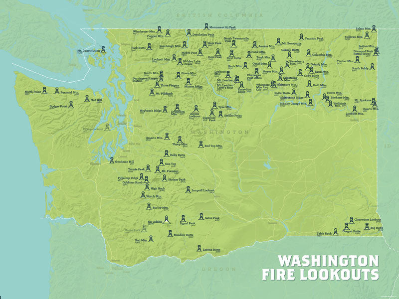Washington Fire Lookouts map poster- green & aqua