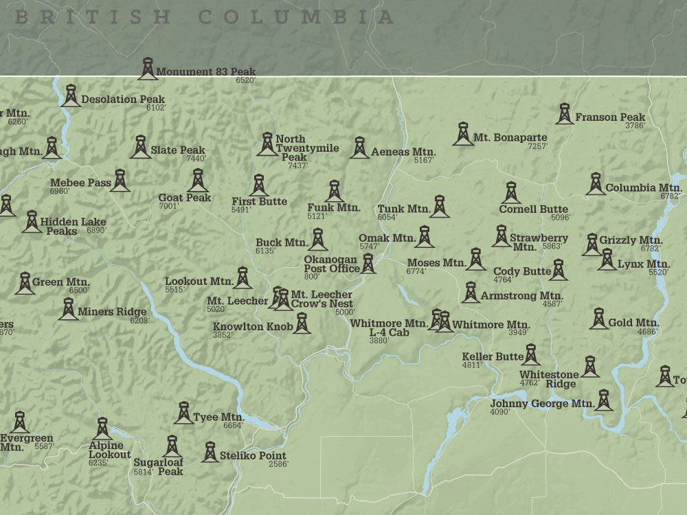 Washington Fire Lookouts map poster- sage & olive