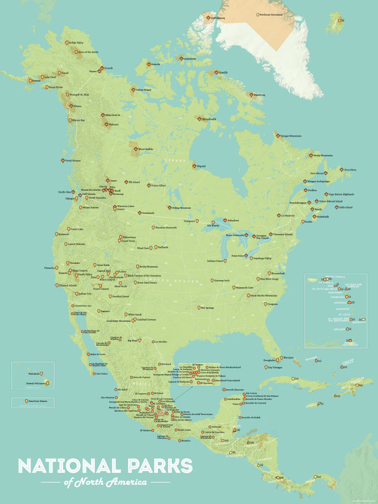 North America National Parks map poster - green & aqua