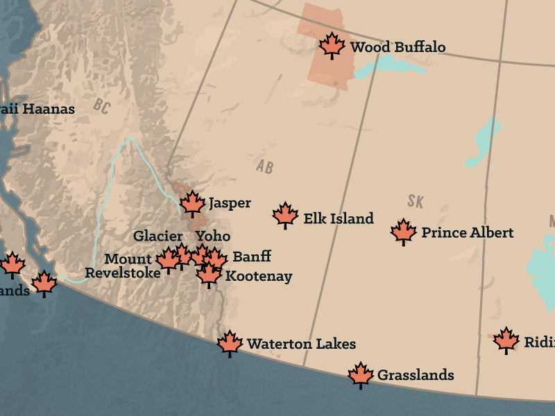 Canada National Parks map poster - tan & slate blue