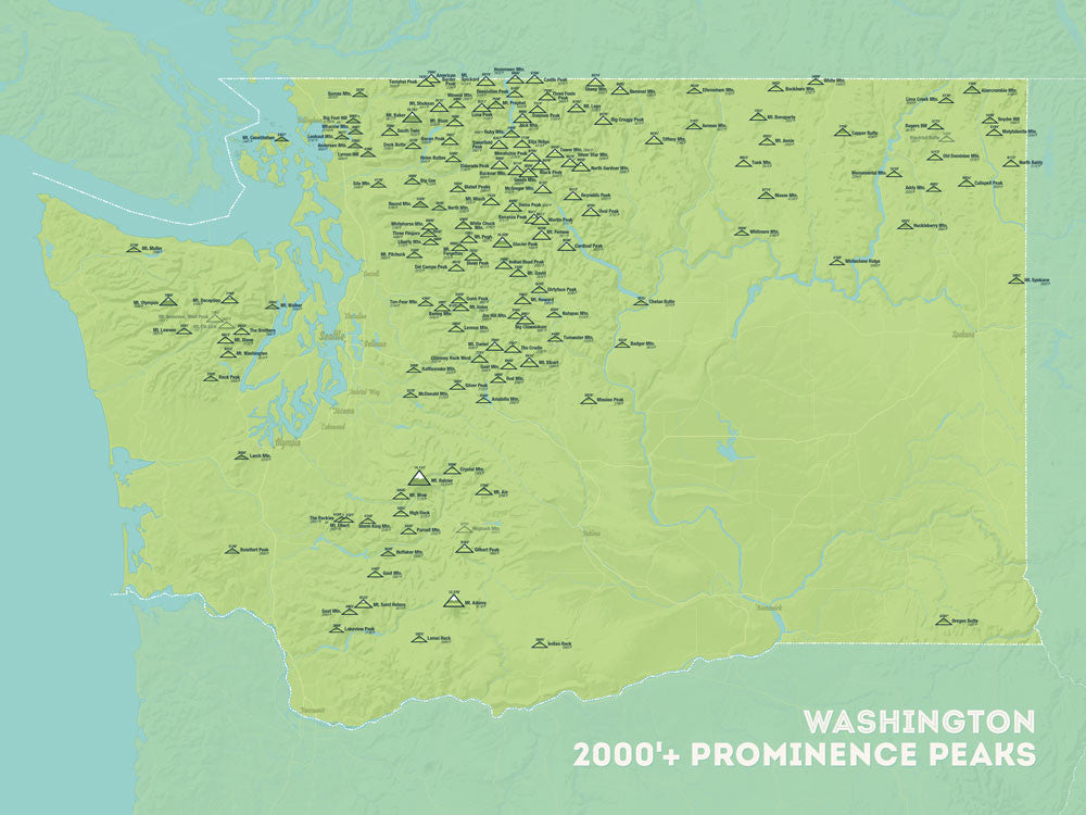 Washington Prominent Peaks map poster - green & aqua