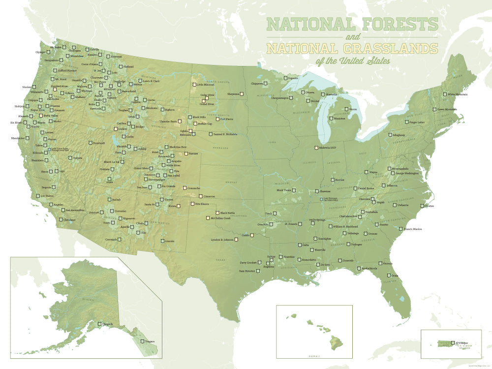 USA National Forests Map Poster - green & white