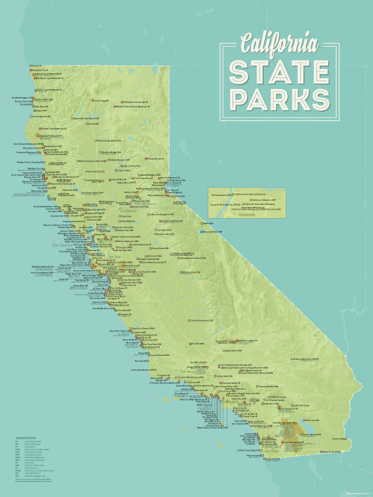 California State Parks Map Poster - green & aqua