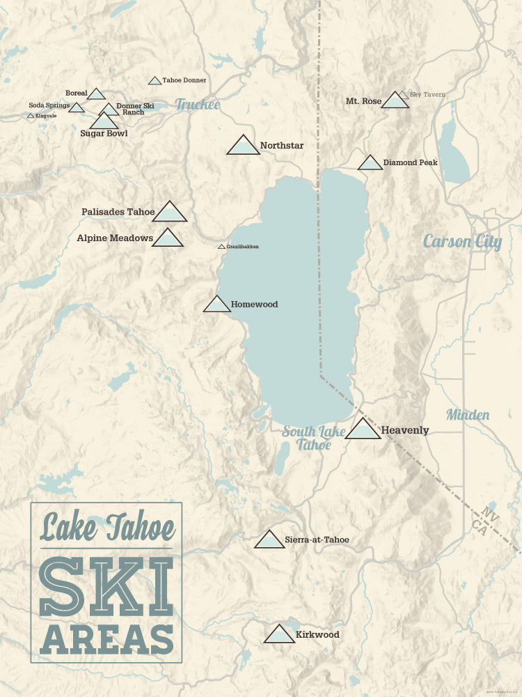 Lake Tahoe Ski Areas Map Poster - beige & blue