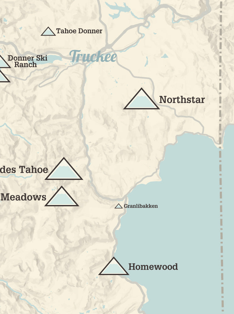 Lake Tahoe Ski Areas Map Poster - beige & blue