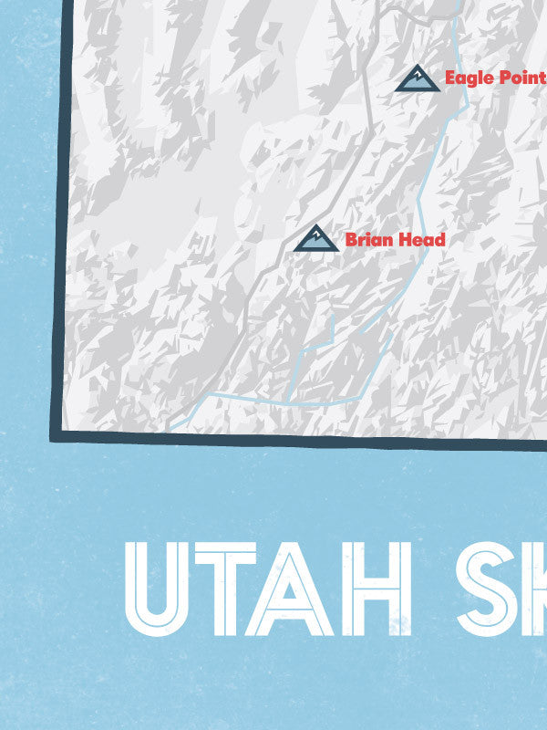 Utah Ski Resorts map poster - white & light blue