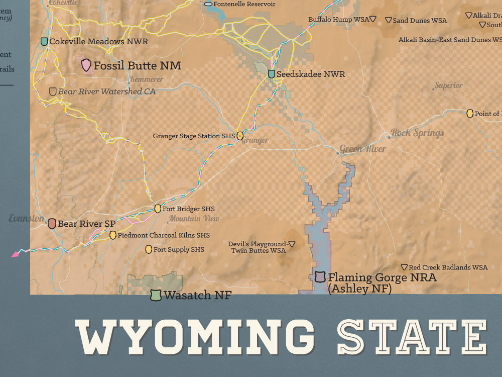 Wyoming State Parks & Federal Lands map poster - camel & slate blue