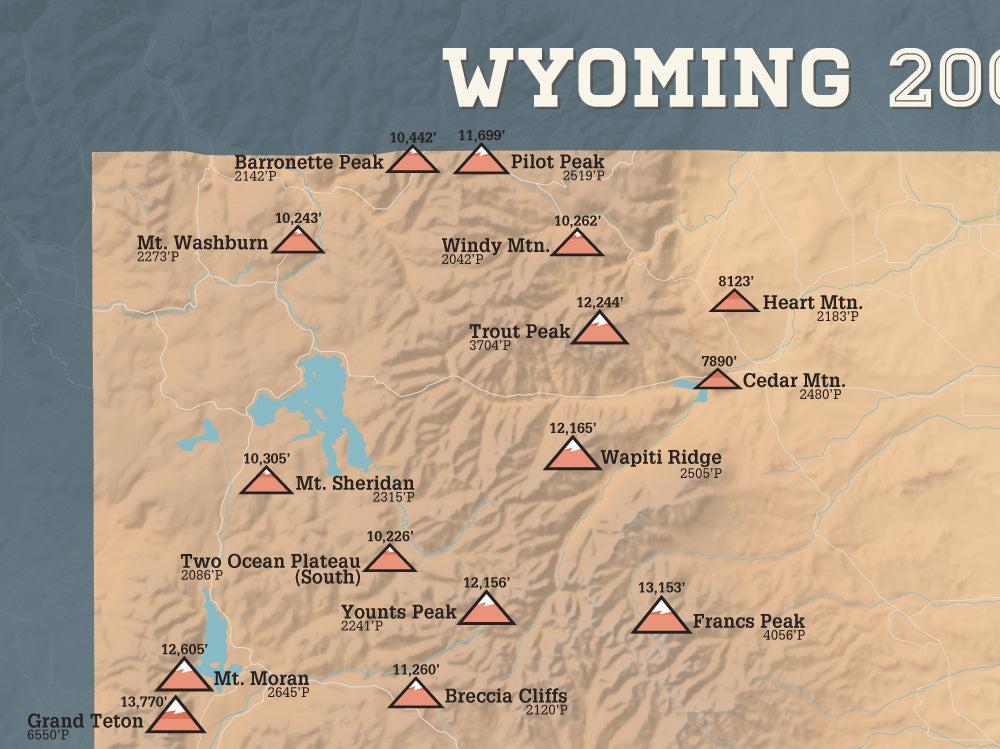 Arizona Prominent 2000' Prominence Peaks Map Poster - camel & slate blue
