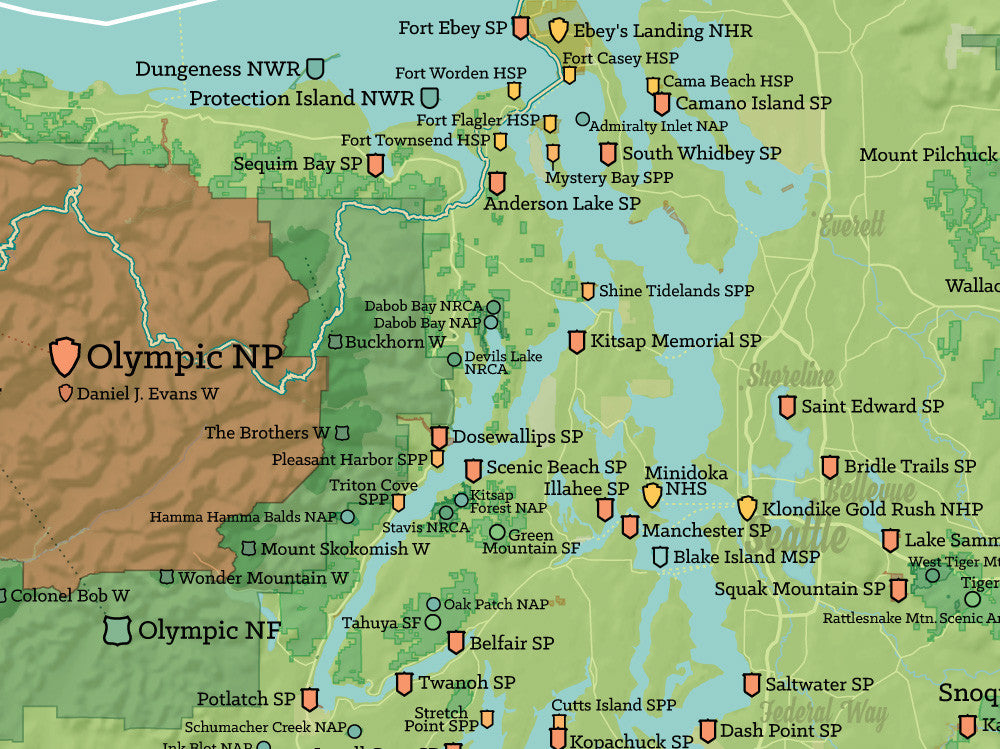 Washington State Parks & Federal Lands Map Poster - green & aqua