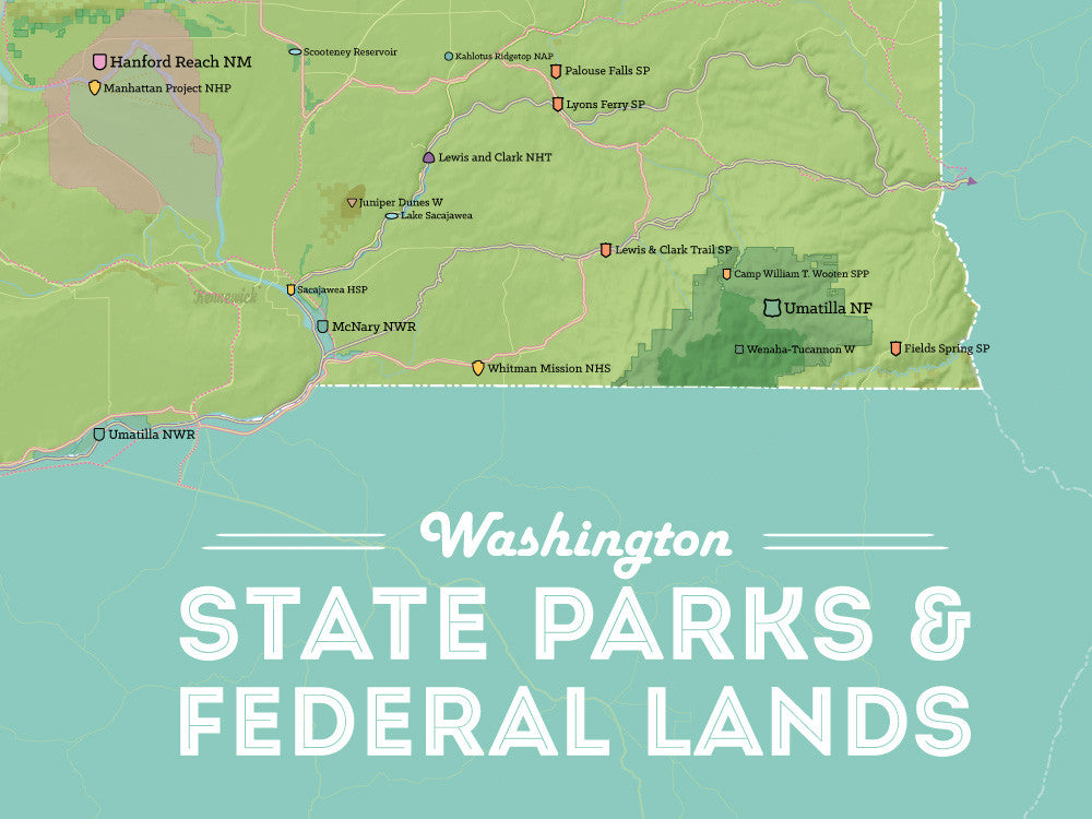 Washington State Parks & Federal Lands Map Poster - green & aqua