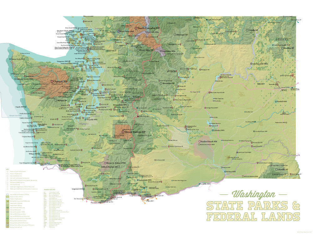 Washington State Parks & Federal Lands Map Poster - green & white