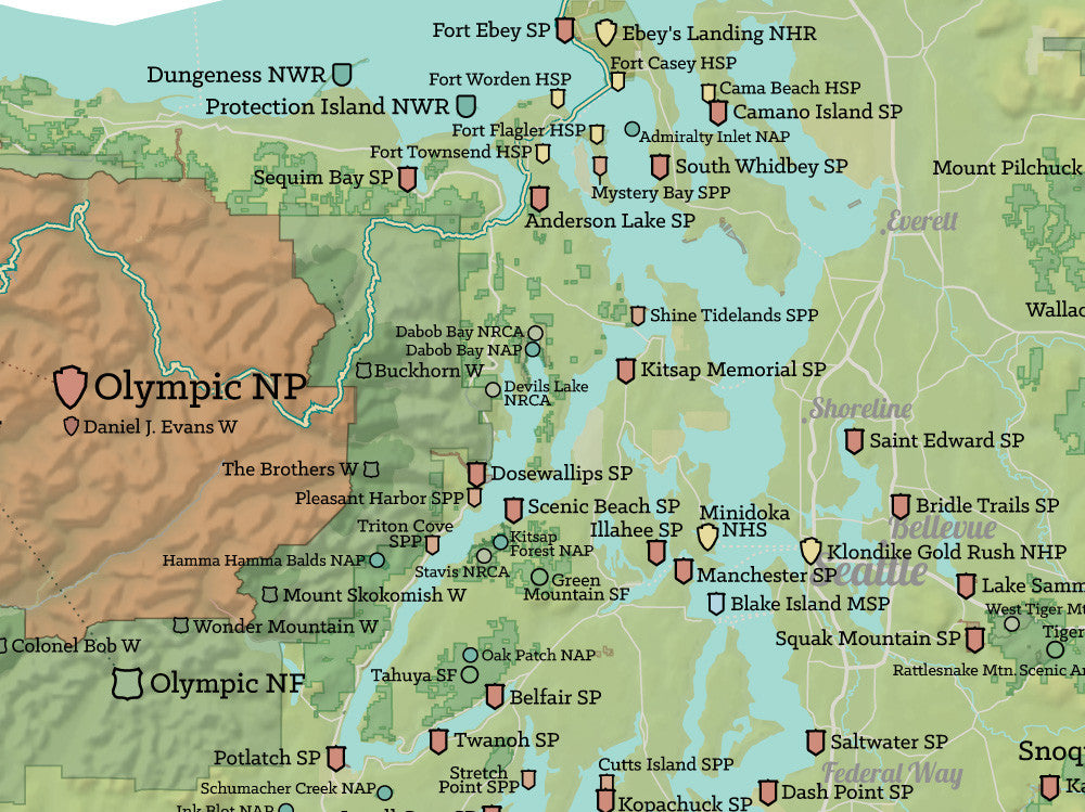 Washington State Parks & Federal Lands Map Poster - green & white