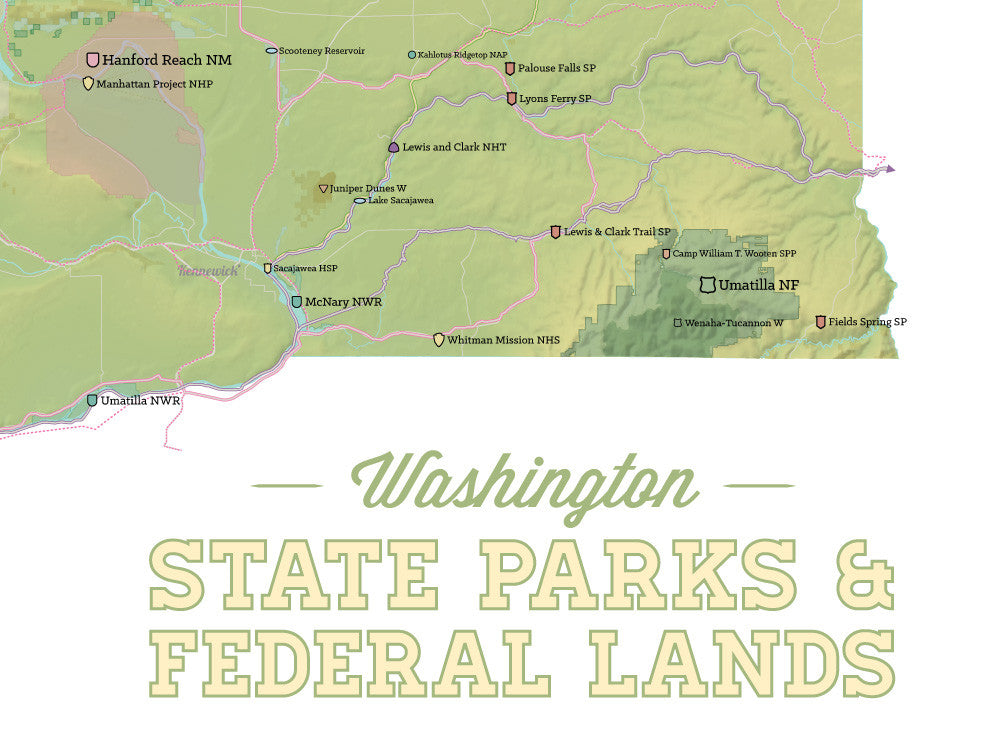 Washington State Parks & Federal Lands Map Poster - green & white