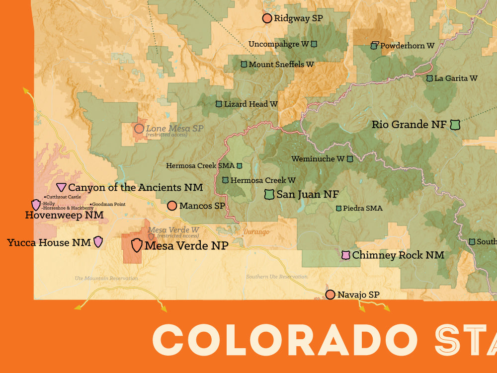 Colorado State Parks & Federal Lands map poster - cream & orange