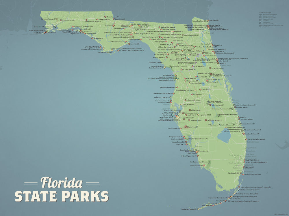 Florida State Parks Map Poster - green & aqua