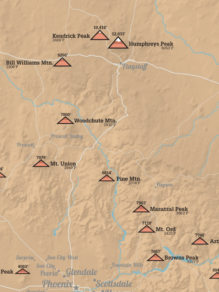 Arizona Prominent 2000' Prominence Peaks Map Poster - camel & slate blue