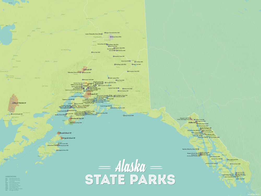 Alaska State Parks Map Poster - green & aqua