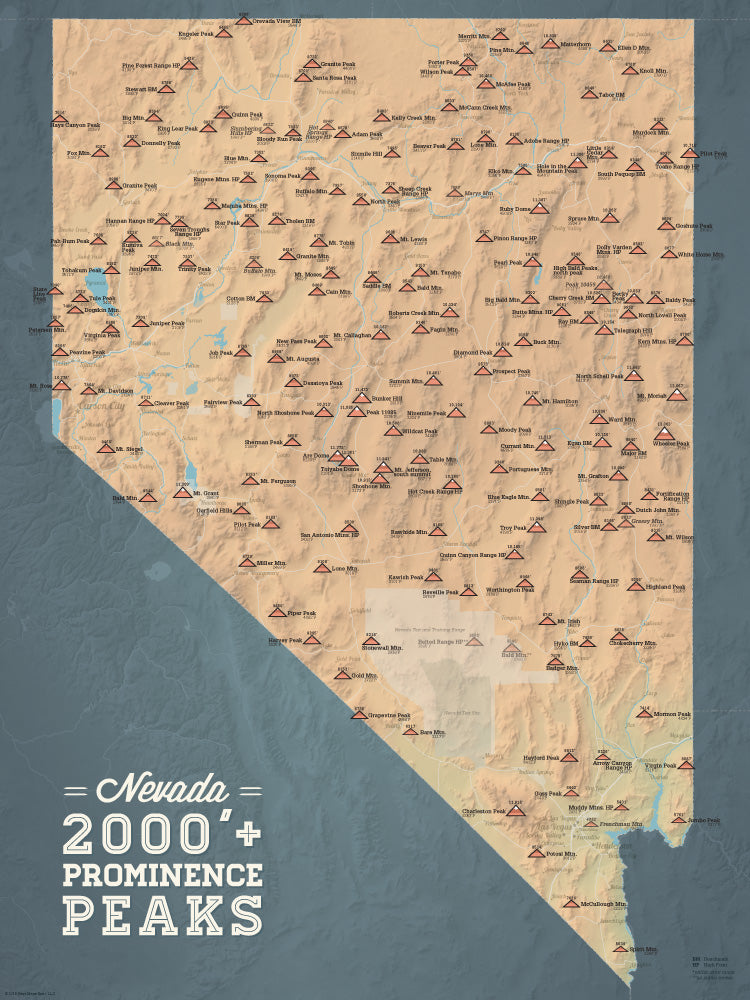 Arizona Prominent 2000' Prominence Peaks Map Poster - camel & slate blue
