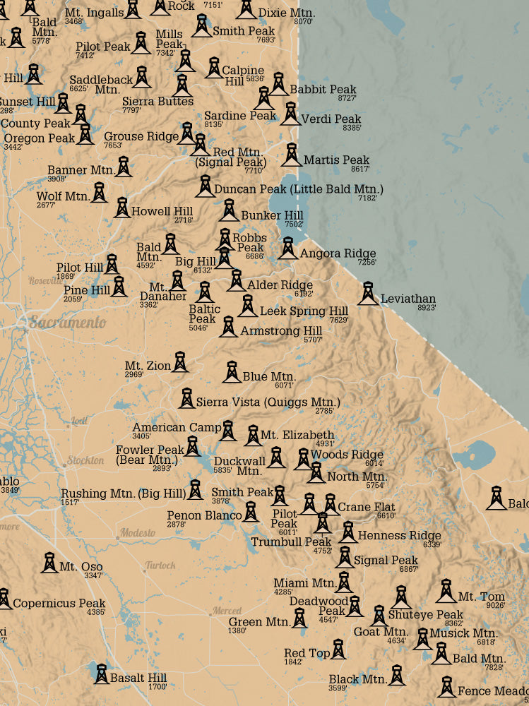 California Fire Towers Lookouts map poster - camel & slate blue
