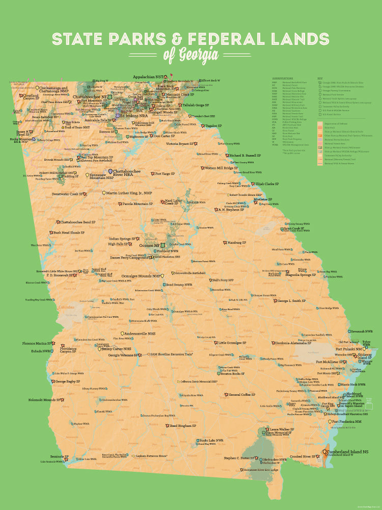Georgia State Parks & Federal Lands Map Poster - peach & green