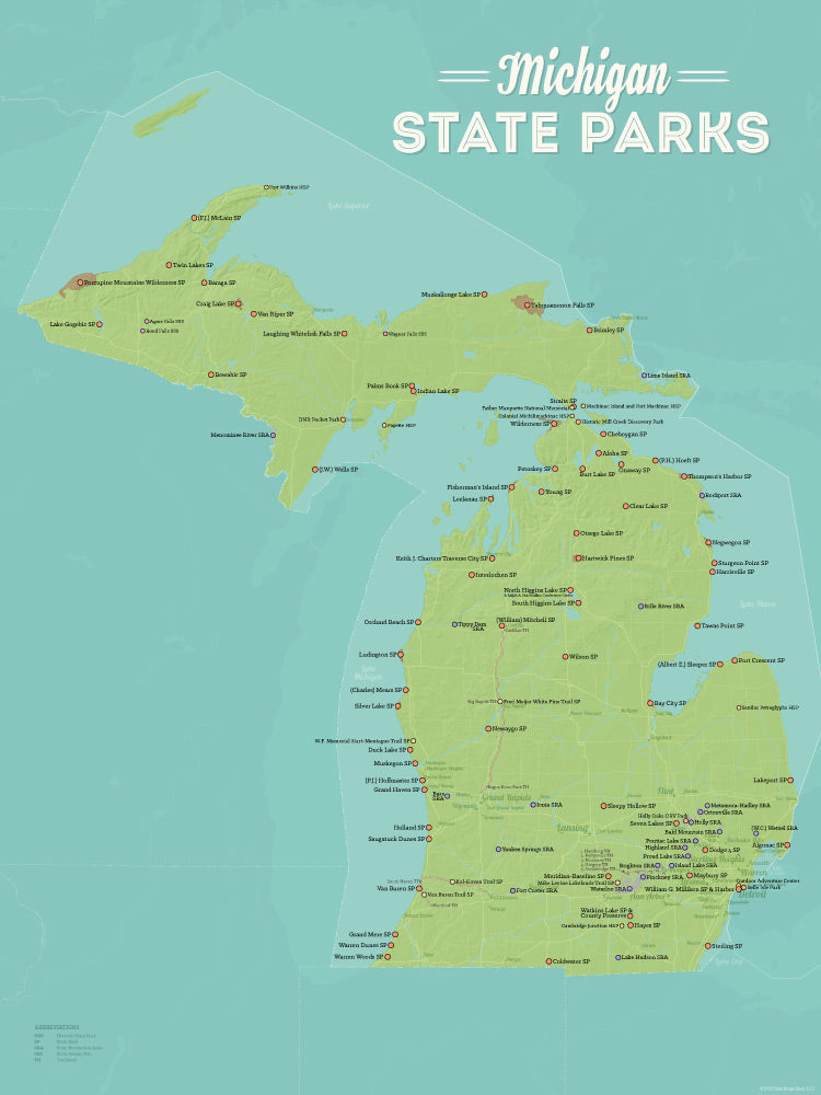Michigan State Parks Map Poster - green & aqua