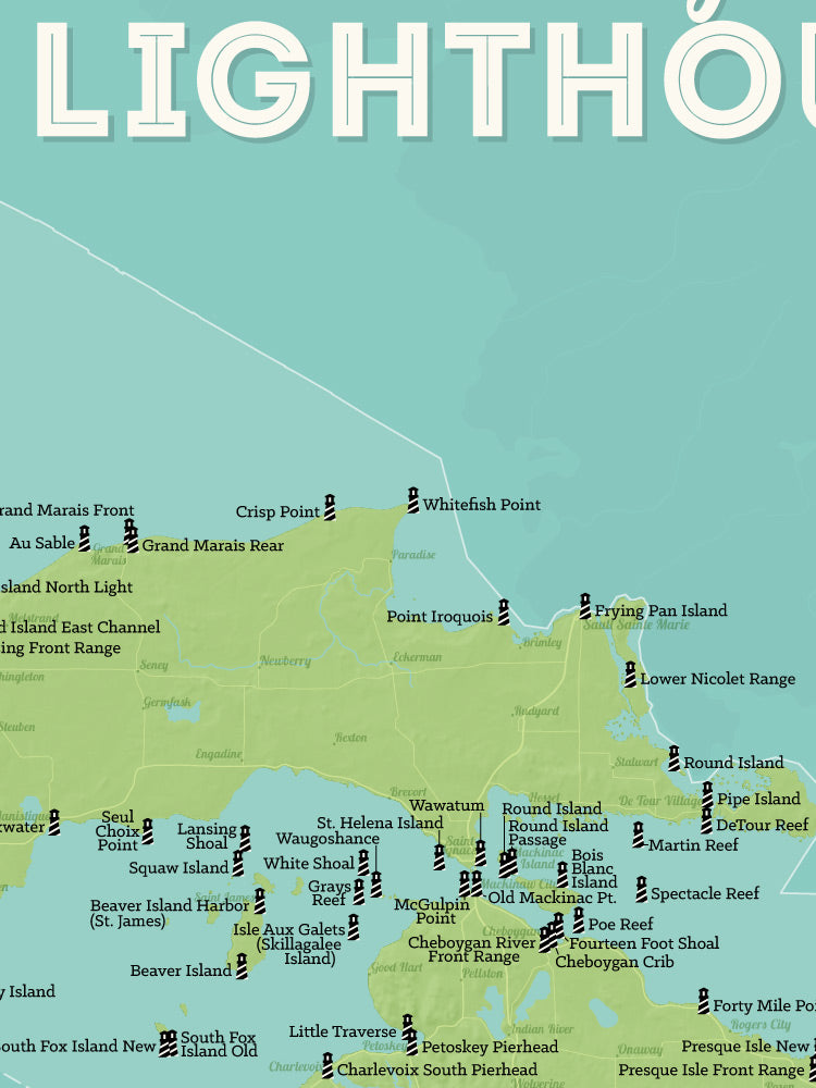 Michigan Lighthouses Map Checklist Poster - green & aqua