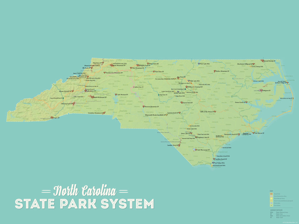 North Carolina State Park System Map Poster - green & aqua