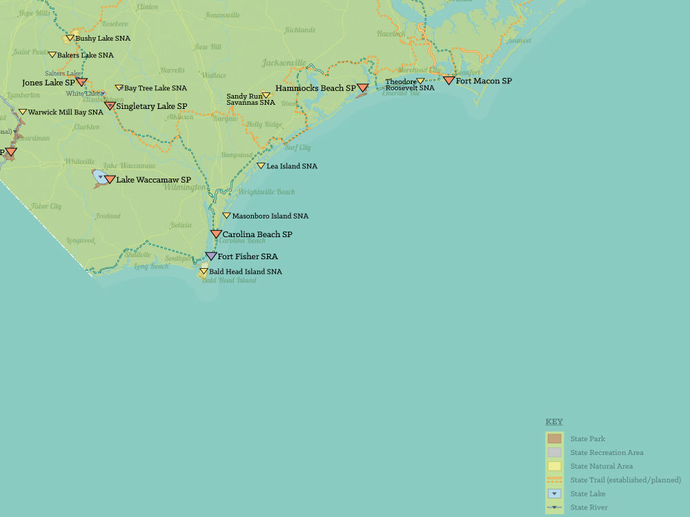 North Carolina State Park System Map Poster - green & aqua