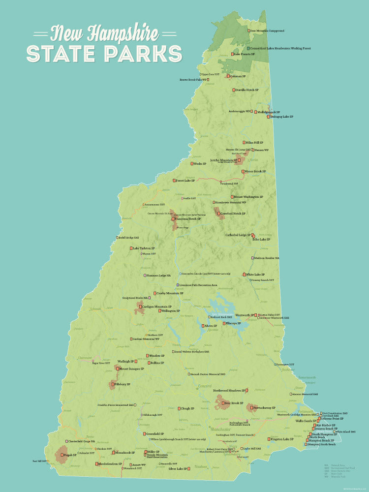 New Hampshire State Parks Map Poster - green & aqua