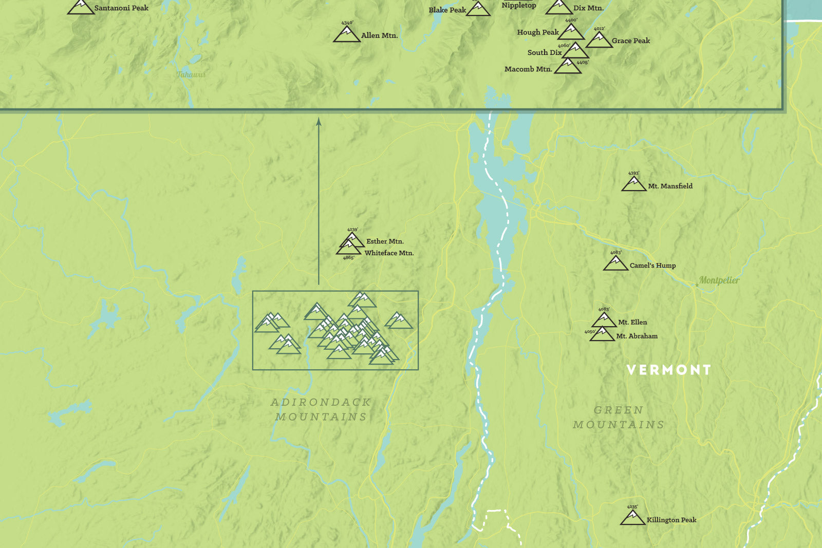 Northeast 111 4000 Footers Map Poster - green & aqua