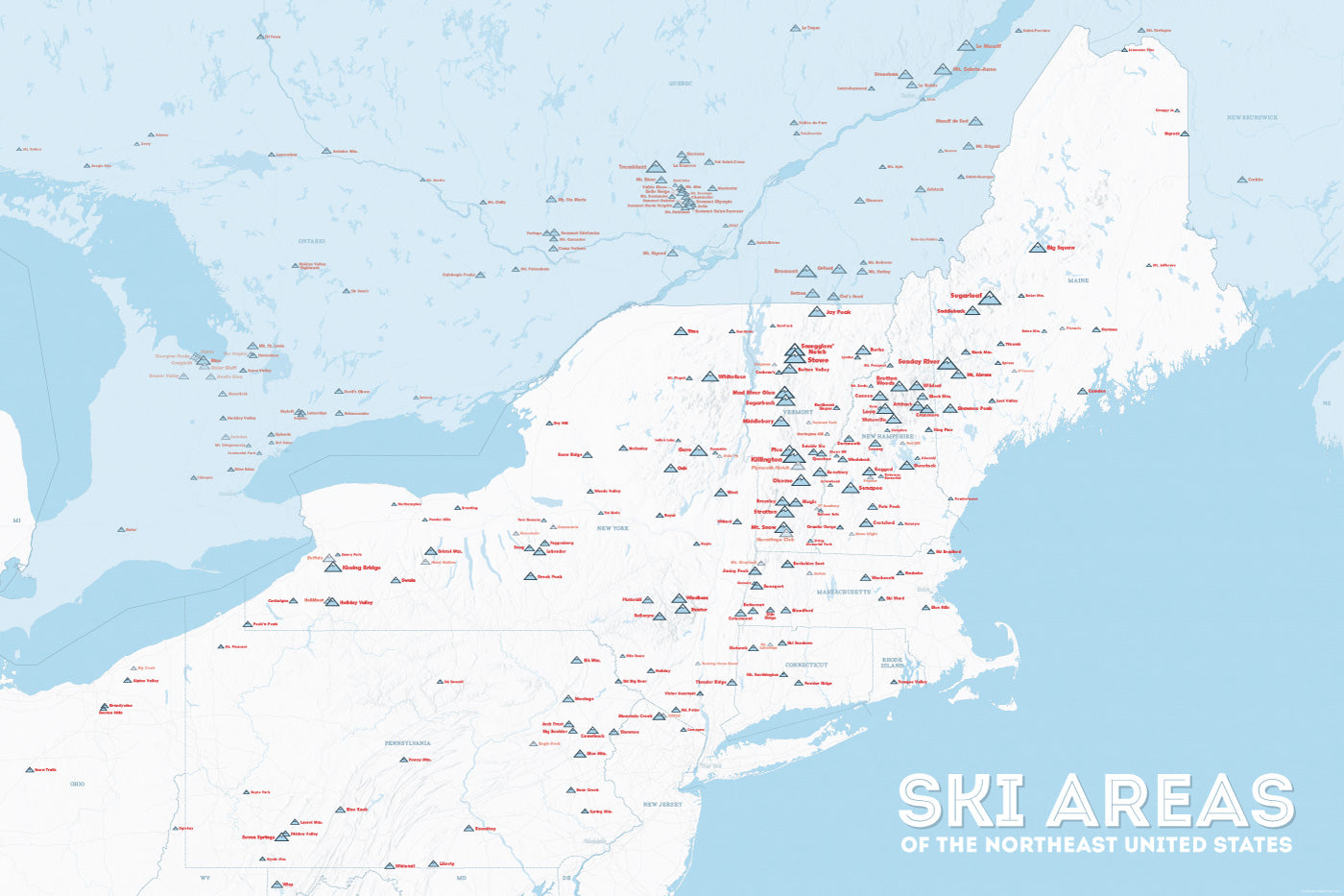 Northeast Ski Areas Resorts Map Poster - white & light blue