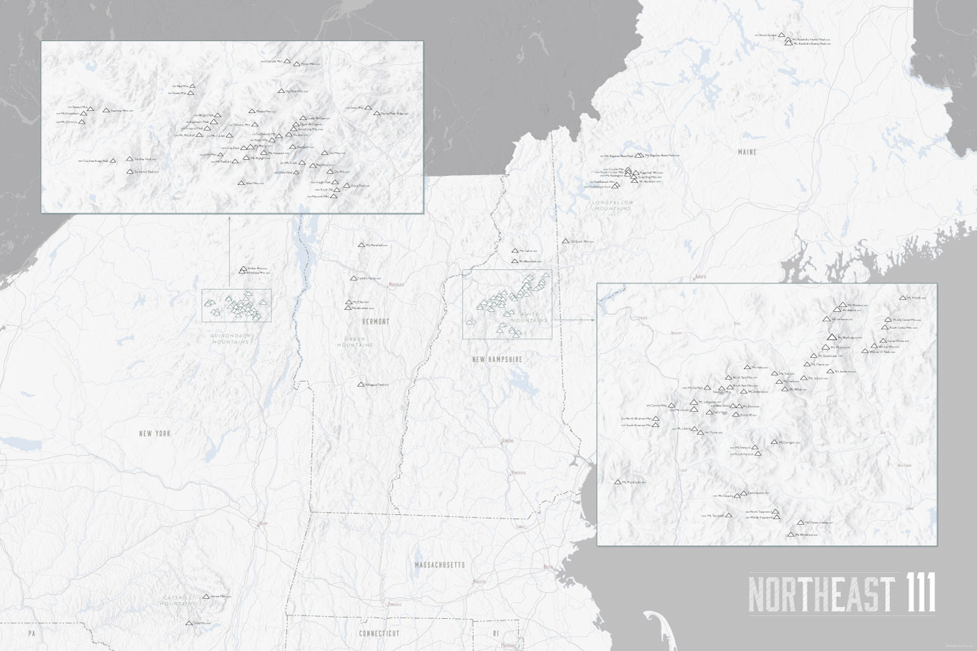 Northeast 111 4000 Footers Map Poster - white & gray
